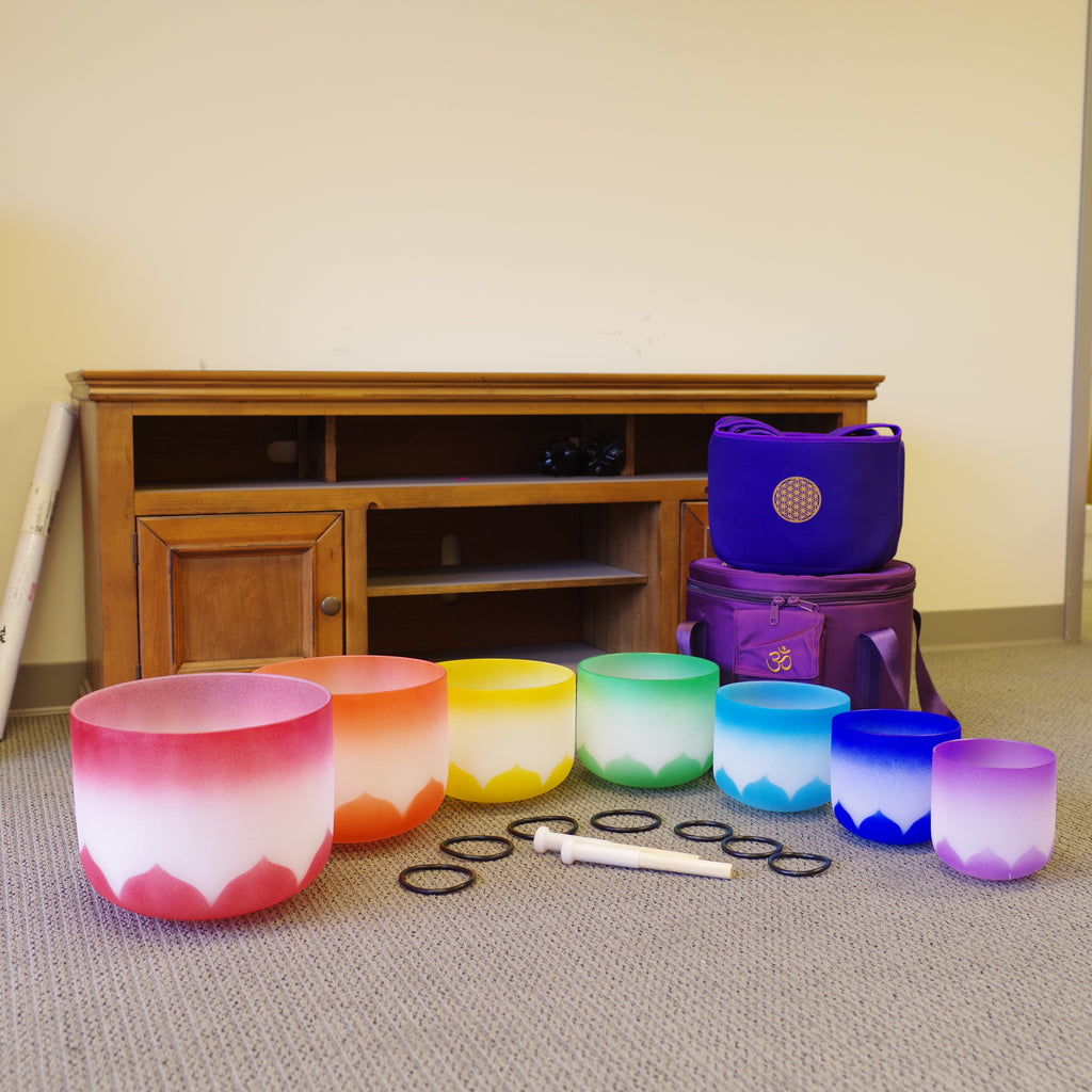 432hz Tuned Colored Handcrafted Frosted Quartz Crystal Singing Bowl Set