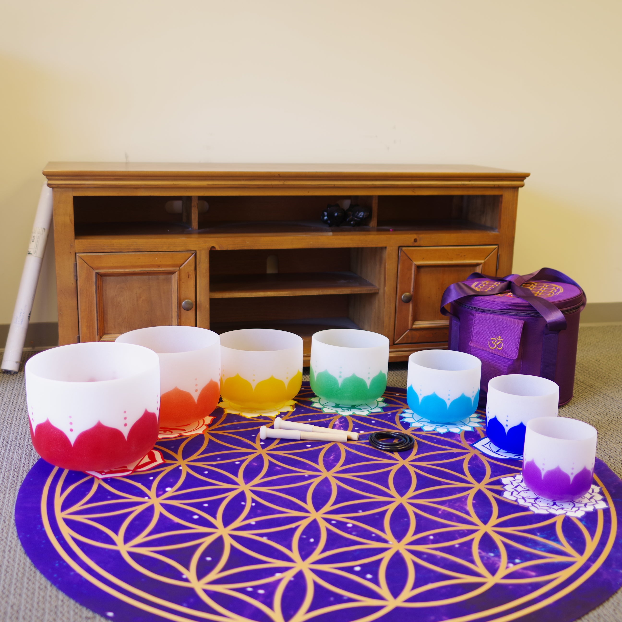 432hz Tuned Colored Handcrafted Frosted Quartz Crystal Singing Bowl Set