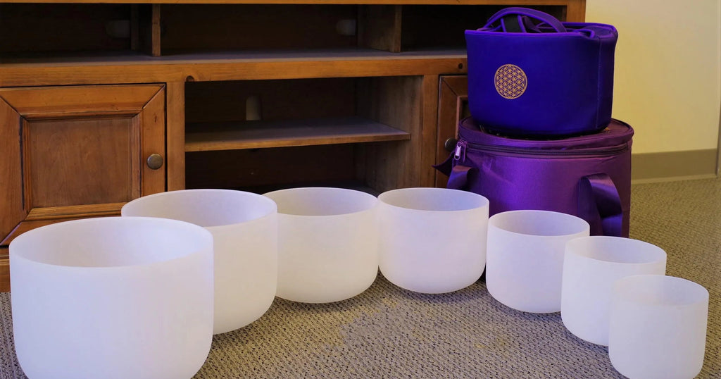 432hz Tuned Colored Handcrafted Frosted Quartz Crystal Singing Bowl Set