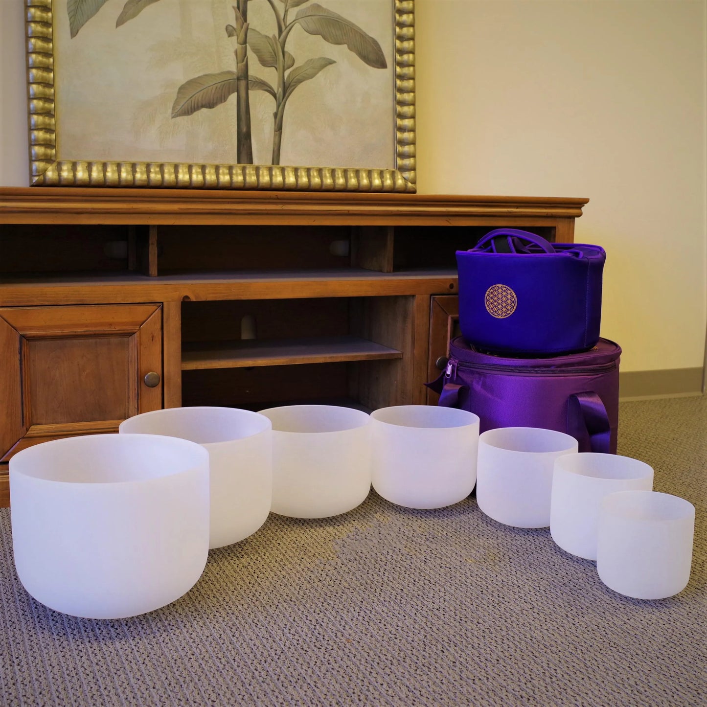 432hz Tuned Colored Handcrafted Frosted Quartz Crystal Singing Bowl Set