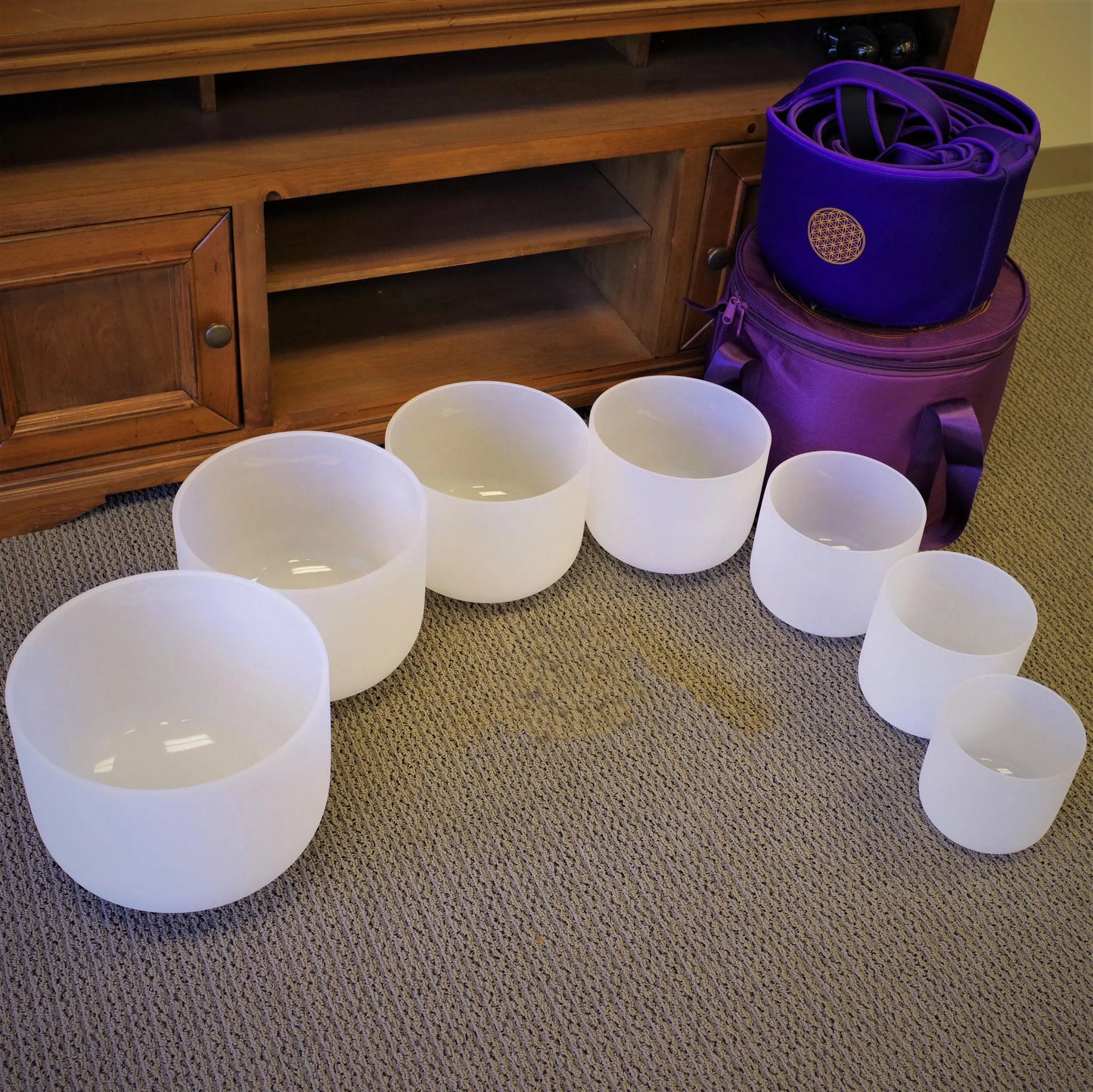 432hz Tuned Colored Handcrafted Frosted Quartz Crystal Singing Bowl Set